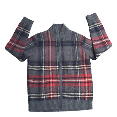 Men’s Vintage Tommy Hilfiger Sweater Wool Striped Gray Red Size XXL Zip Up - Image 1 of 4