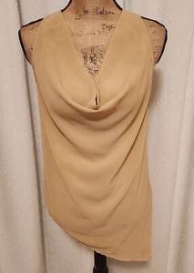 Classique Women's S Tan Sleeveless Asymmetrical Sheer Cowl Neck Top - Picture 1 of 7