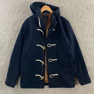 H&M Duffel Coat Mens 42R Navy Blue Toggles Full Zip Hooded Medium Cotton Jacket - Picture 1 of 13