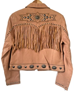 Giacca di pelle con borchie CRIPPLE CREEK taglia L frange western cowgirl - Foto 1 di 24