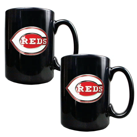 CINCINNATI REDS 2 Piece Ceramic MLB Coffee Mug Set- Black - Pewter Emblem Cover