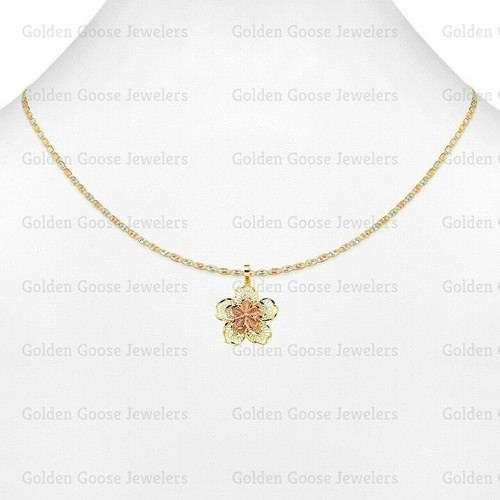 Ciondolo Valentino vero oro 14 kt tricolore filigrana fiore con catena