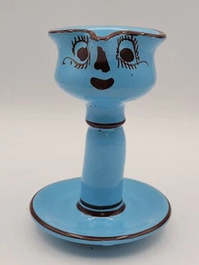 Anthropomorphic Pottery Candle Stick holder Candle Holder, Blue Face- Vintage - Picture 1 of 7