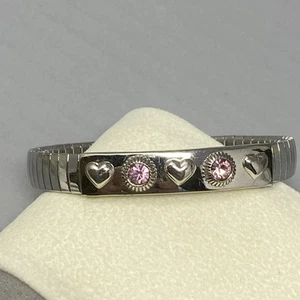 Stretch Metal Bracelet Expansion Silver Tone Hearts Pink Rhinestones Stainless 7 - Picture 1 of 9