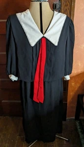 Vtg 80s Secretary Dress Size 14 Black Drop Waist Pleated Button Shirtwaist - Picture 1 of 14