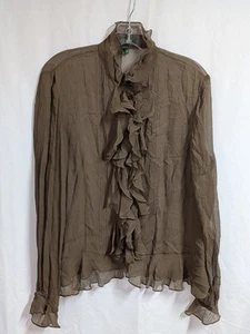 Polo Ralph Lauren Brown Silk Ruffled Long Sleeves Sheer Button Up Blouse Top XL - Picture 1 of 10