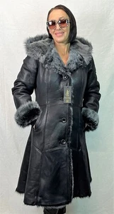 REAL 100% Piel de Oveja Piel de Oveja Toscana Pelo Largo Abrigo Capucha NEGRO XS-6XL - Imagen 1 de 13