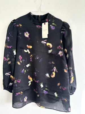 TED BAKER BLOUSE NEW Niycole High Neck Top Puff Sleeve Floral black  BNWT 10 12 - Image 1 of 4