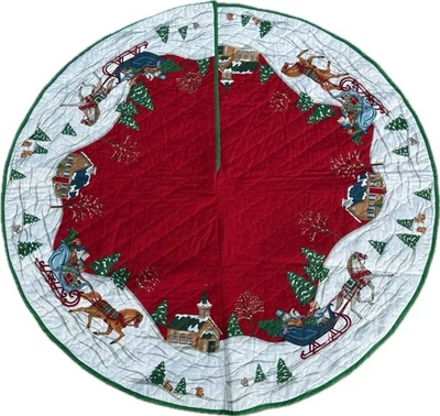 Vintage Quilted Christmas Tree Skirt Festive Horse Sleigh Snowy Home Scene - Image 1 of 4