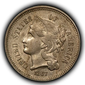 1867 3c Nickel Three-Cent Piece - Luster - Original AU Semi Key Date - SKU-Z5963 - Picture 1 of 4