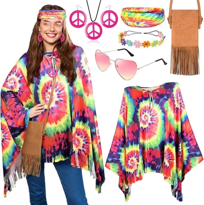 IZOEL Hippie Kostüm Damen, 70Er 80Er Jahre Kostüm Hippie Poncho Oberteil Bluse Kleid B