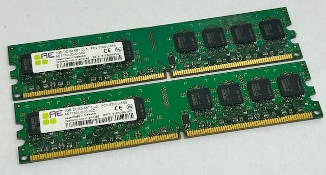 2GB (2x1GB) Aeneon AET760UD00-30 PC2-5300U 667MHz DDDR2 Computer Memory RAM Kit - Image 1 of 3