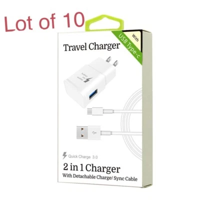 10x 2 In 1 Fast CHARGER TYPE-C For Android type c 3.3 FT Cable & Wall Adapter - Image 1 of 2