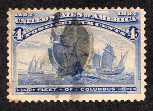 US # 233v (1893) 4c - Used - FVF - EFO: 3 Leaf variety (Fleet of Columbus) - Picture 1 of 3