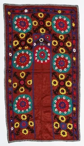 3.3x5.8 Ft Silk Hand Embroidered Vintage Uzbek Suzani Wall Hanging in Maroon Red - Picture 1 of 4
