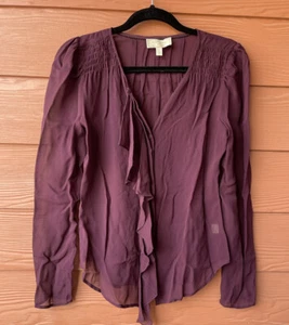 Moulinette Soeurs size 2 Women’s Plum Purple Silk Cascade Ruffle Button Up Top - Picture 1 of 11