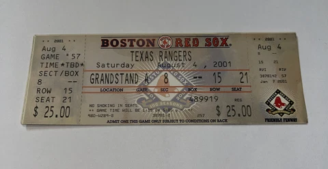 Boston Red Sox Vs Texas Rangers Game Day ticket Stub. 8/4/2001 Cover