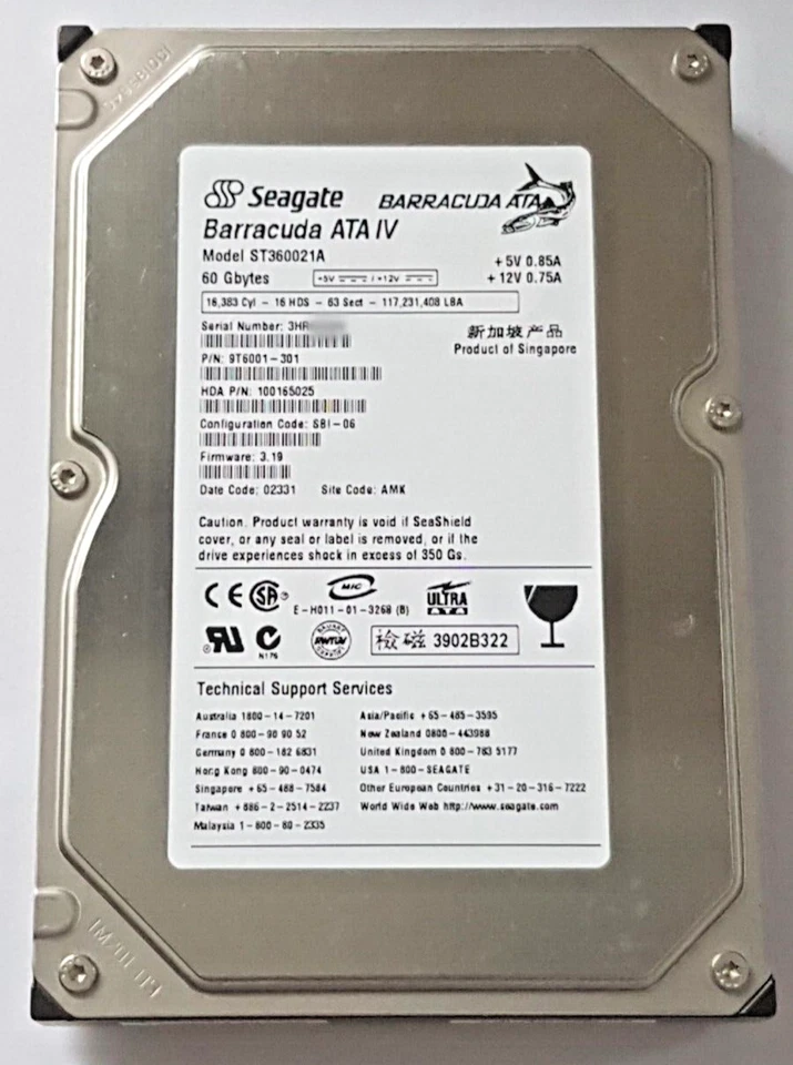 60 GB IDE Seagate Barracuda ATA IV ST360021A P-ATA 7200RPM 2MB 3.5" Hard Drive - Image 1 of 1