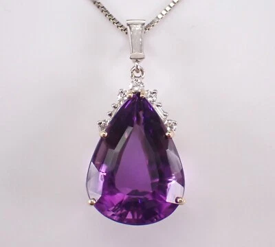 14K White Gold Diamond and Amethyst Necklace Pendant Charm Slide Chain - Image 1 of 4