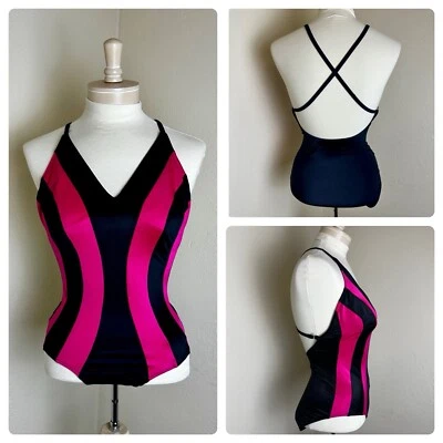 Traje de baño retro a rayas Chevron de una pieza negro rosa intenso años 80 70 de colección M, ¡EVC! Foto 1 de 4