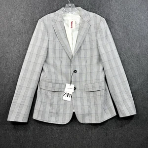 Zara Blazer Women's 40 Gray Plaid 4 Way Stretch Double Breasted Two Buttons - Picture 1 of 11