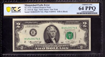 1976 $2 FRN NEW YORK MISMATCHED PREFIX LETTER H/B ERROR NOTE PCGS CU 64 PPQ - Image 1 of 4
