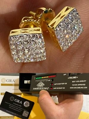 14k Gold Plated 925 Iced Real MOISSANITE Square Screwback Earrings Passes Tester - Image 1 of 4