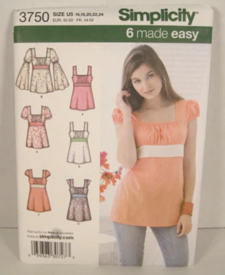 Simplicity 6 Made Easy: Tunic or Top w/Sleeve Options Misses 16-24 Pattern #3750 - Image 1 of 2