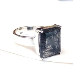 925 Sterling Silver Black Rutile quartz Ring Tourmalated quartz Ring 9.5-RU008 - Picture 1 of 3