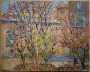 Ukrainian Soviet USSR oil painting impressionism cityscape old houses walk child - Picture 1 of 8