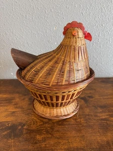 Vintage Chicken Folk Art Wicker Wood Bamboo Lidded Basket Handwoven Kitchen  - Picture 1 of 8