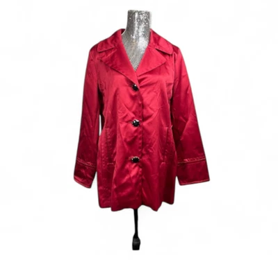 Abrigo Dennis Basso Satinado Joya Botón Grande Estampado Animal Forro Rojo Mob Declaración Foto 1 de 4