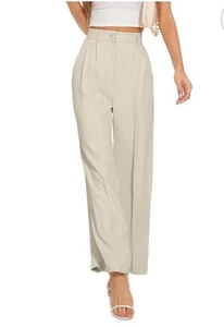 Beige Elastic High Waist Wide Leg Pants Loose Fit Back Pleated Front Trousers L - Picture 1 of 7