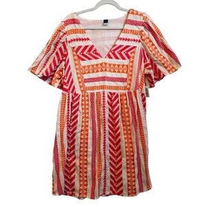 Old Navy Size L Short Sleeve Cosmic Jacquard V-Neck A-Line Dress Pink Orange - Picture 1 of 7