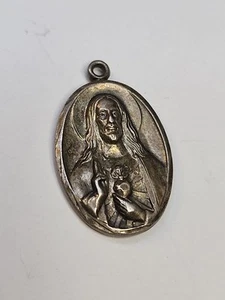 VTG Sacred Heart Jesus Mary&Child Reversible Sterling Silver Pendant - Picture 1 of 10