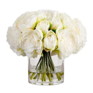 Wedding Collection 11-in Artificial Peony Arrangement in Glass Vase - Picture 1 of 4