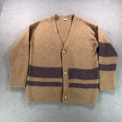 Suéter Zara Para Hombres L-XL Marrón Cárdigan Rayas Difuso Peludo Cuello en V Abuelo Foto 1 de 4