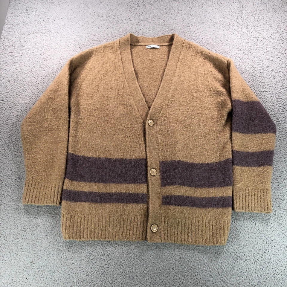 Suéter Zara Para Hombres L-XL Marrón Cárdigan Rayas Difuso Peludo Cuello en V Abuelo Foto 1 de 4