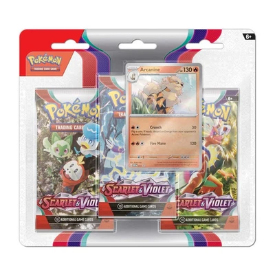 Pokemon TCG: Escarlata y Violeta - Conjunto Base 3 Paquetes de refuerzo y Tarjeta Promocional Arcanina Foto 1 de 4