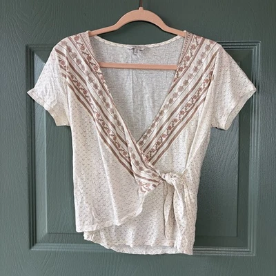 Lucky Brand Shirt Womens Small Print Boho Tie Front Deep V Neck Short Sleeve - Image 1 of 4