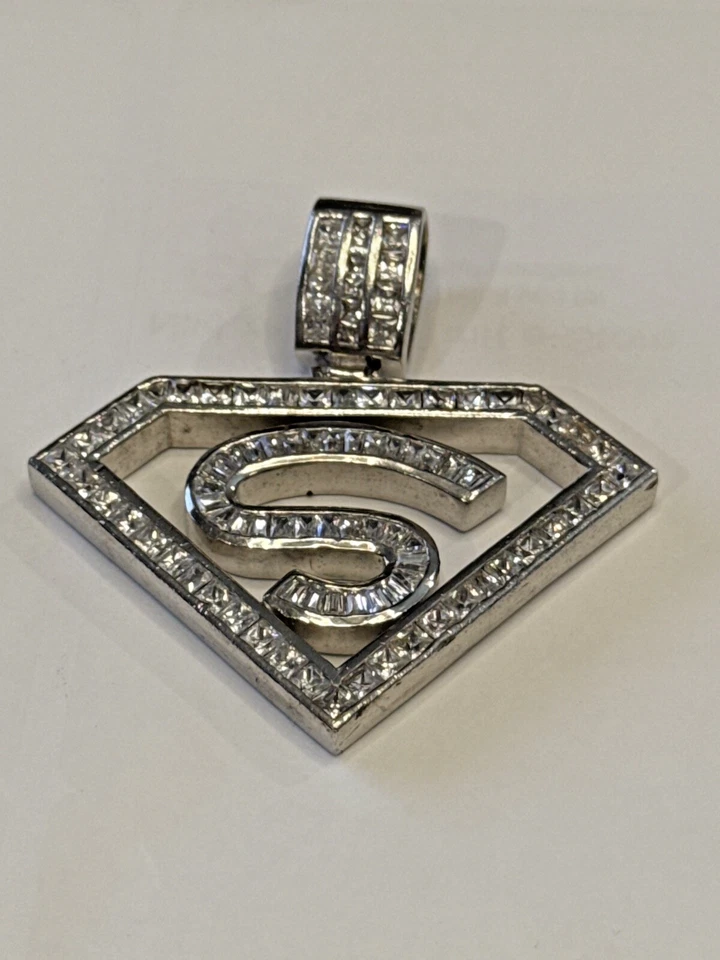 Custom Superman Pendant 925 Sterling Silver 42G TW  Cubic Zirconia 2" - Image 1 of 4