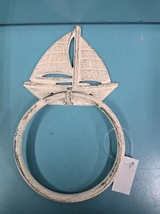 Coastal Cast Iron Sailboat Towel Ring – White Beach House Decor - Picture 1 of 5