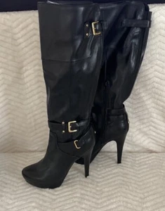 New Guess Women's 9 Tall Knee High Heeled Boot Black Faux Leather Buckles - Picture 1 of 5