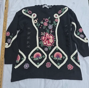 Maglione donna Maggie Lawrence nero TAGLIA 14/16 RICAMO FIORI NASTRO SETA - Foto 1 di 10