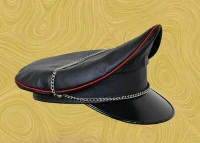 Men's Black Red Strip Army Muir, Police Fashion Cap 100% Real Lambskin Leather - image 1 of 3