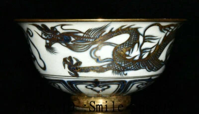 Tigela xícara de chá padrão dragão dourado porcelana azul branca da antiga dinastia Qing 4,9" - Imagem 1 de 4