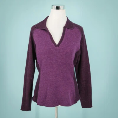 Mountain Hardwear Size Medium M Purple Long Sleeve V Neck Collared Wool Sweater - Image 1 of 4