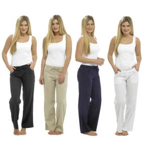 Womens Ladies Linen Trousers Full Length UK Size 10 12 14 16 18 20 - Picture 1 of 11