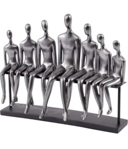Family Friends Figurine Sculpture On Bench Polish Matt Silver 40.2x12.8x33.6cm - Picture 1 of 4