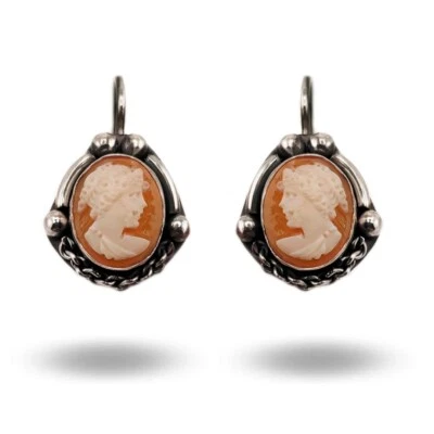 Orecchini Argento925 brunito Cammeo inciso volto donna Vintage artigianale - Immagine 1 di 3